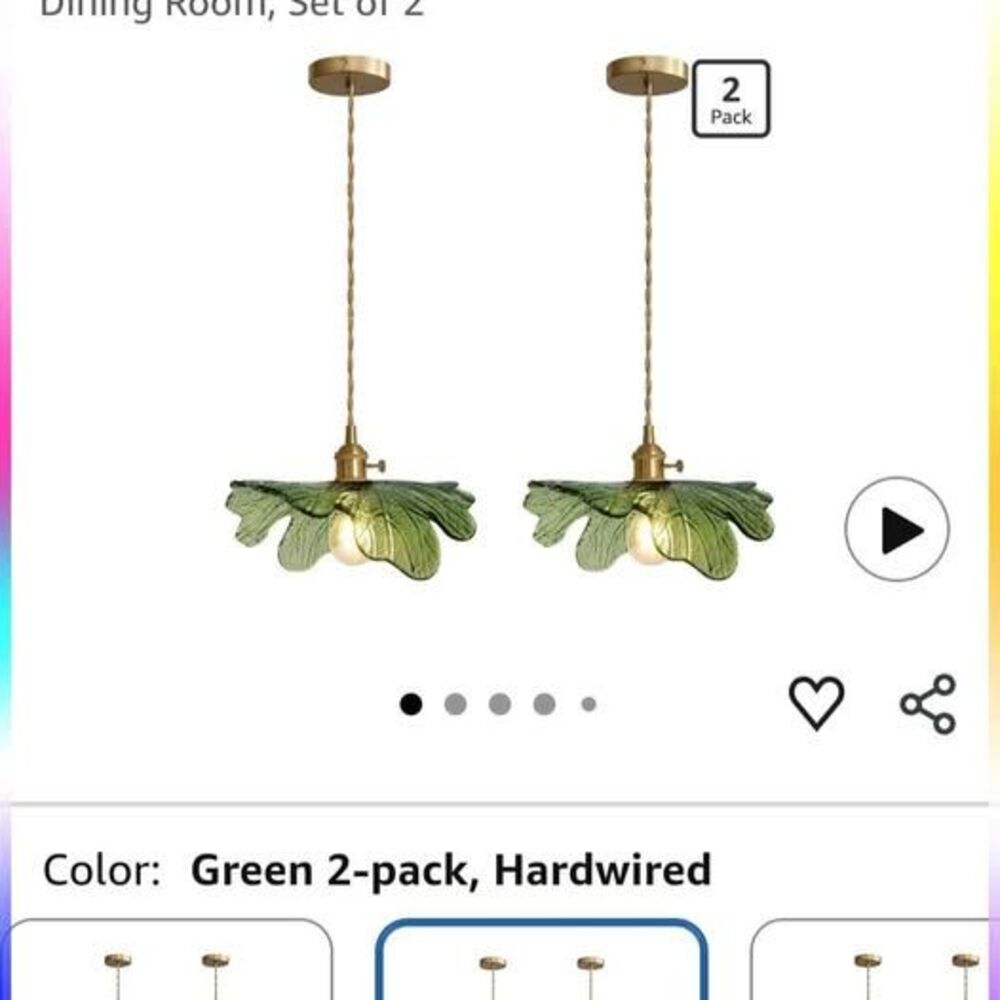Mid Century Green Glass Leaf Pendant Lights (Set of 2)